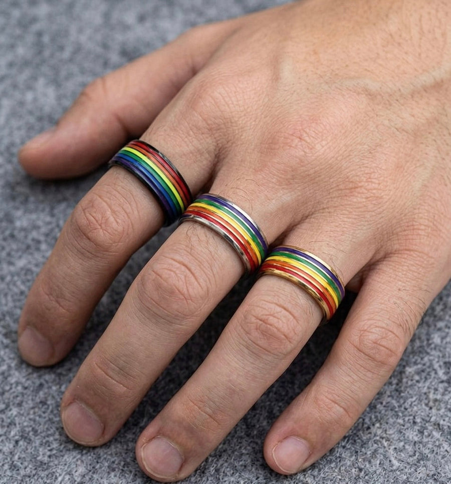 LGBTQ+ Pride Rainbow Stripe Stainless Steel Band Ring – For Every Identity | Gold, Silver & Black Enamel | Pride Jewelry Gift