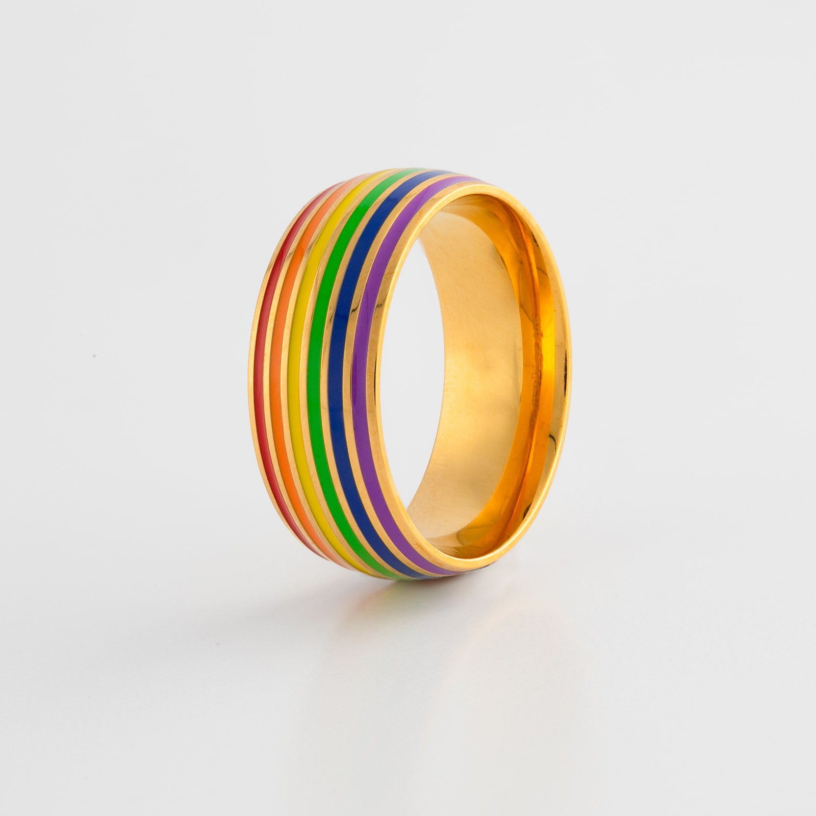 Gold Rainbow Pride stainless steel ring with comfort fit band side view