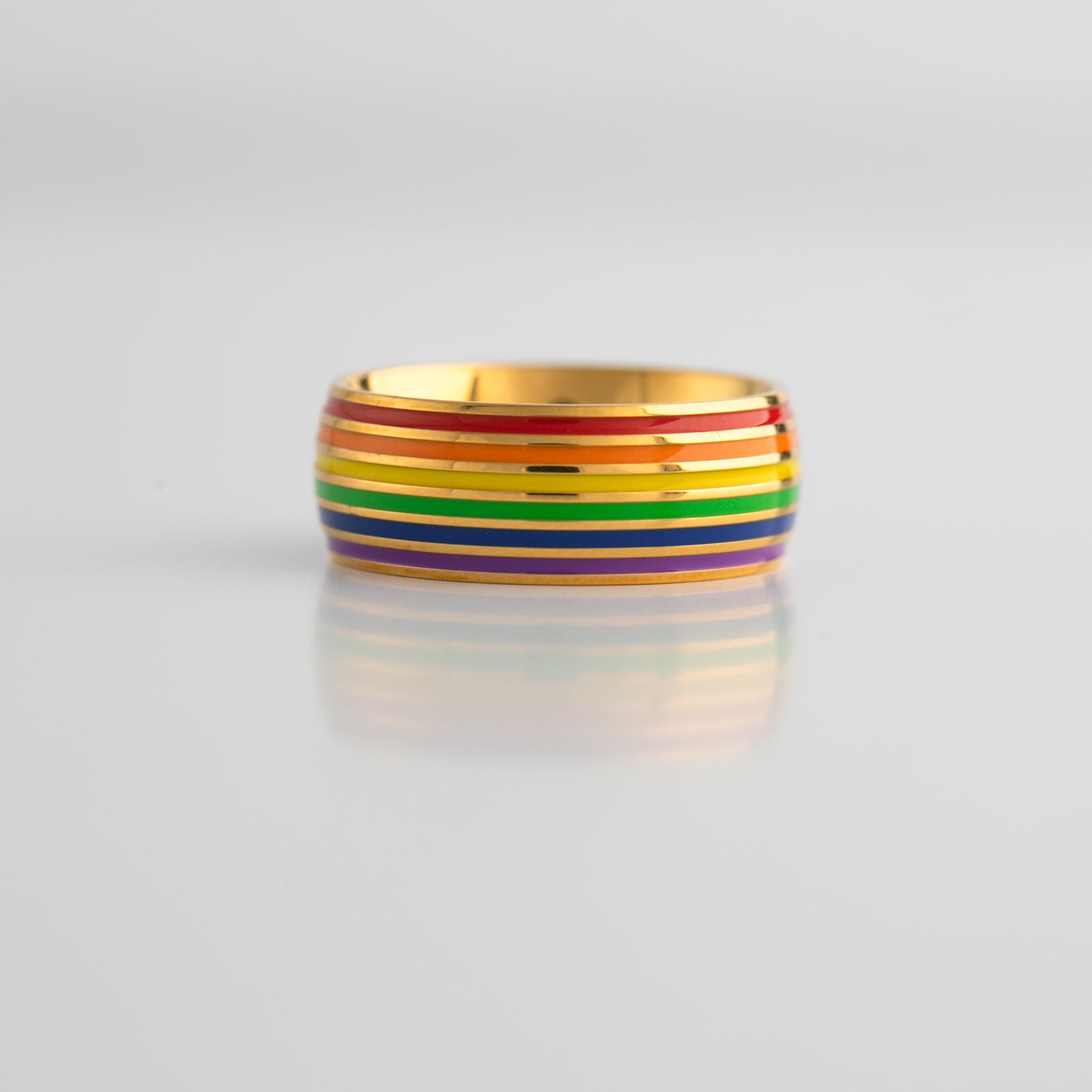 Gold Rainbow Pride stainless steel ring with comfort fit band