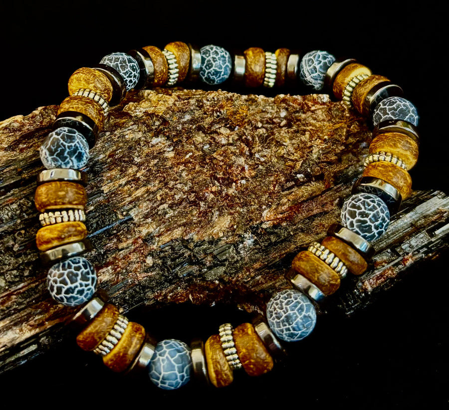 Earthforge Mixed Material Bracelet – Stone, Wood & Metal | Grounding, Strength & Balance | Reiki-Infused Bracelet for Medium to Large Wrists