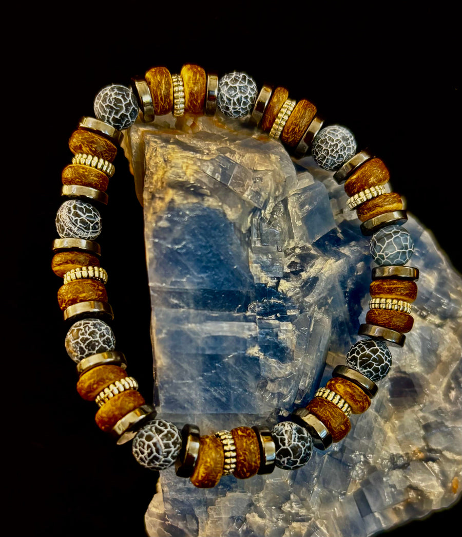 Earthforge Mixed Material Bracelet – Stone, Wood & Metal | Grounding, Strength & Balance | Reiki-Infused Bracelet for Medium to Large Wrists