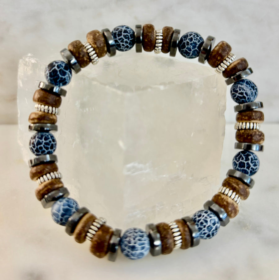 Earthforge Mixed Material Bracelet – Stone, Wood & Metal | Grounding, Strength & Balance | Reiki-Infused Bracelet for Medium to Large Wrists