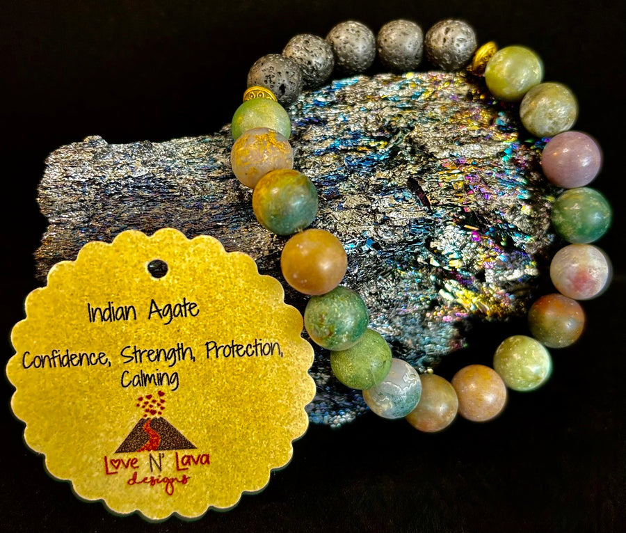🌿 Grounded Strength Indian Agate Diffuser Bracelet – Lava Stone Energy (10mm)