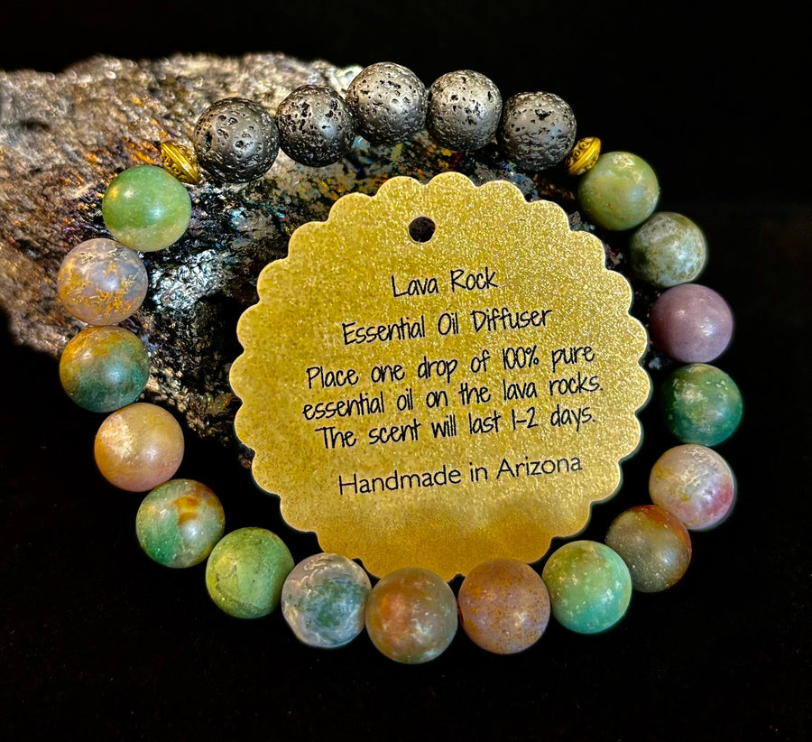 🌿 Grounded Strength Indian Agate Diffuser Bracelet – Lava Stone Energy (10mm)
