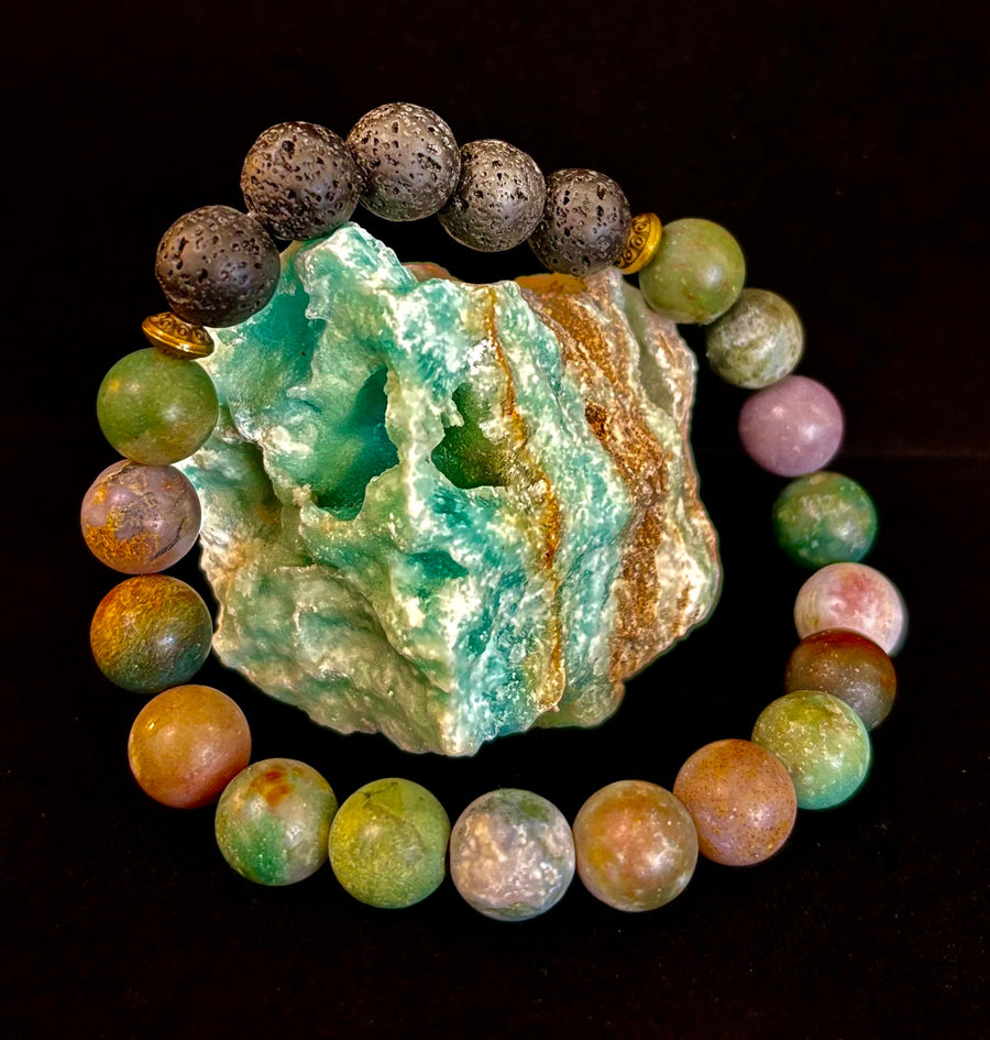 🌿 Grounded Strength Indian Agate Diffuser Bracelet – Lava Stone Energy (10mm)