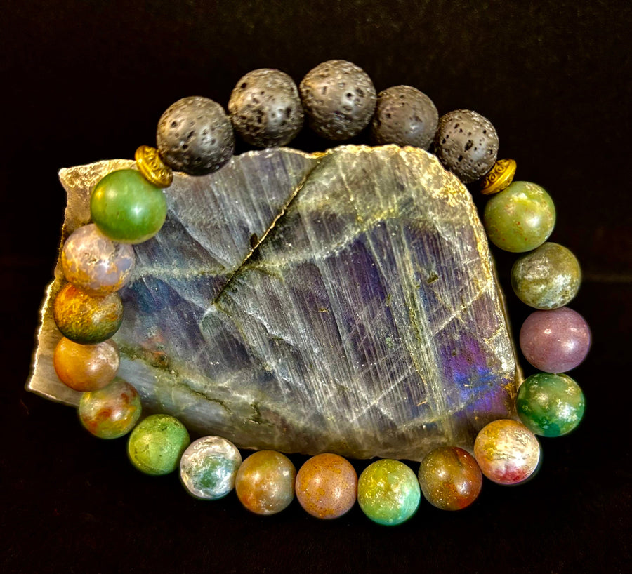 🌿 Grounded Strength Indian Agate Diffuser Bracelet – Lava Stone Energy (10mm)