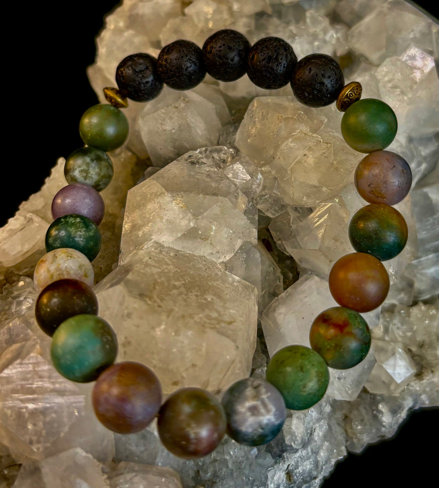 🌿 Grounded Strength Indian Agate Diffuser Bracelet – Lava Stone Energy (10mm)