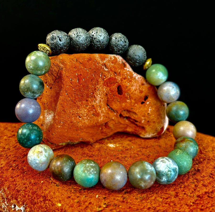 🌿 Grounded Strength Indian Agate Diffuser Bracelet – Lava Stone Energy (10mm)