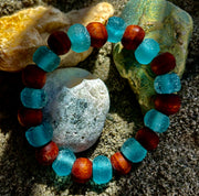 Ocean Drift Recycled Sea Glass Bracelet – Blue Coastal Wood Bead Stretch Bracelet 🌊