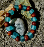 Ocean Drift Recycled Sea Glass Bracelet – Blue Coastal Wood Bead Stretch Bracelet 🌊