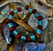 Ocean Drift Recycled Sea Glass Bracelet – Blue Coastal Wood Bead Stretch Bracelet 🌊