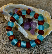 Ocean Drift Recycled Sea Glass Bracelet – Blue Coastal Wood Bead Stretch Bracelet 🌊