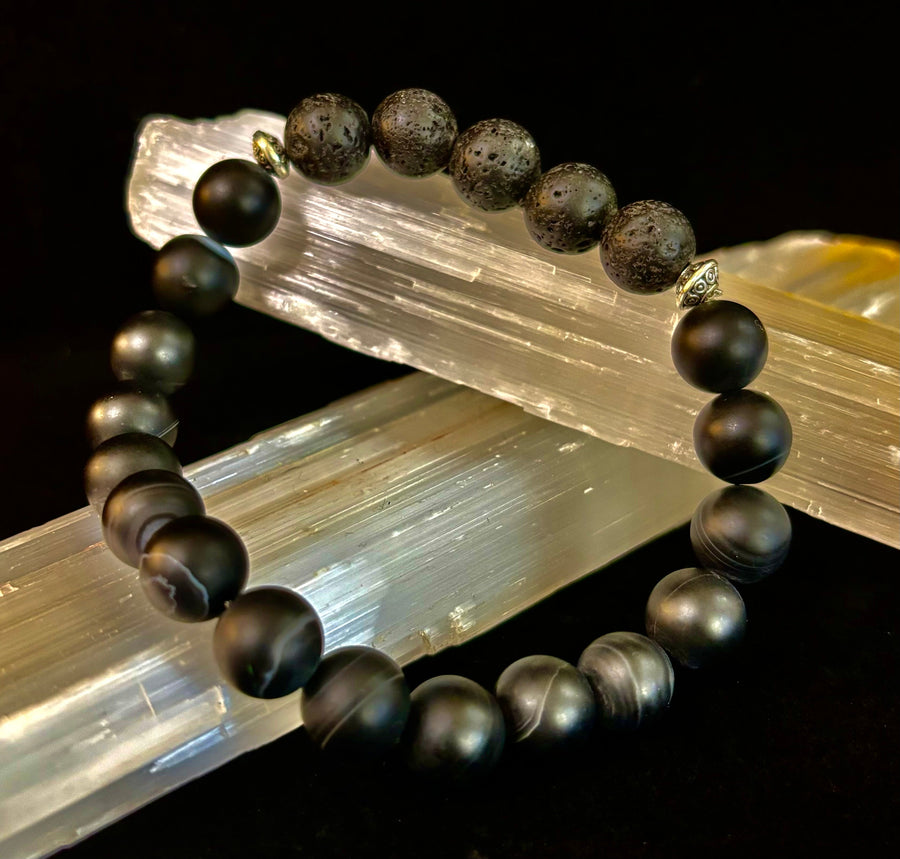 Men’s Grounded Energy Sardonyx Diffuser Bracelet – Matte Black Essential Oil Bracelet (7.5” & 8”)