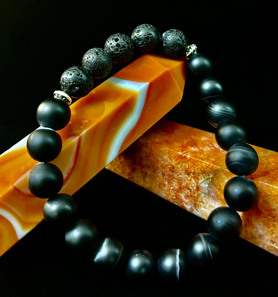 Men’s Grounded Energy Sardonyx Diffuser Bracelet – Matte Black Essential Oil Bracelet (7.5” & 8”)