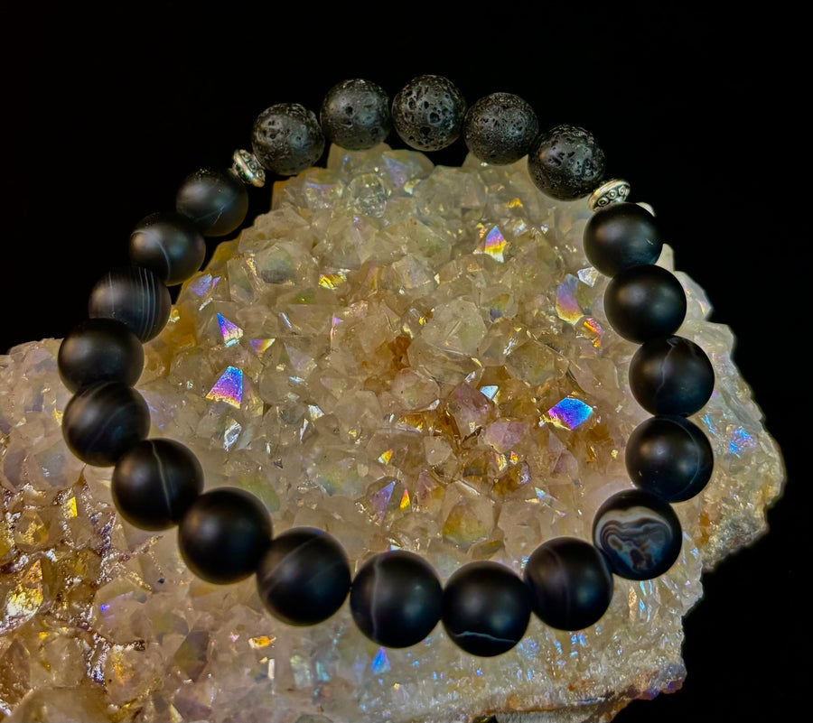 Men’s Grounded Energy Sardonyx Diffuser Bracelet – Matte Black Essential Oil Bracelet (7.5” & 8”)