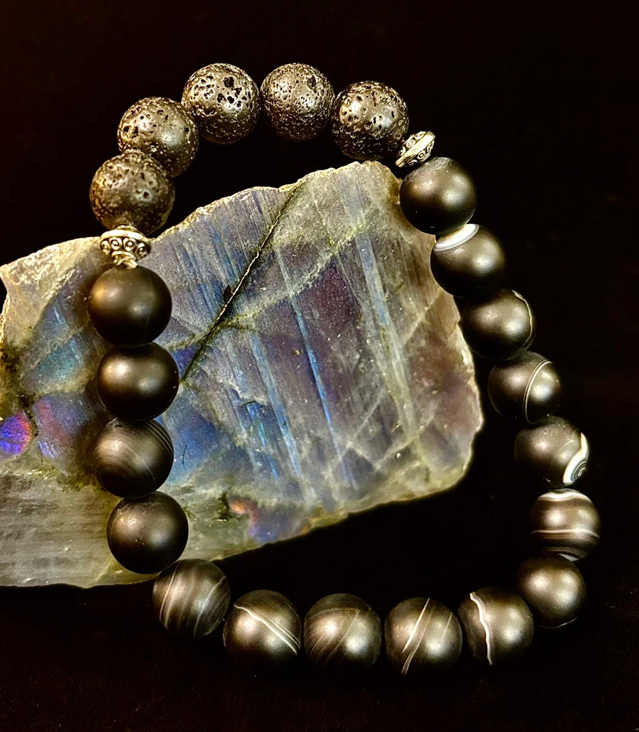Men’s Grounded Energy Sardonyx Diffuser Bracelet – Matte Black Essential Oil Bracelet (7.5” & 8”)