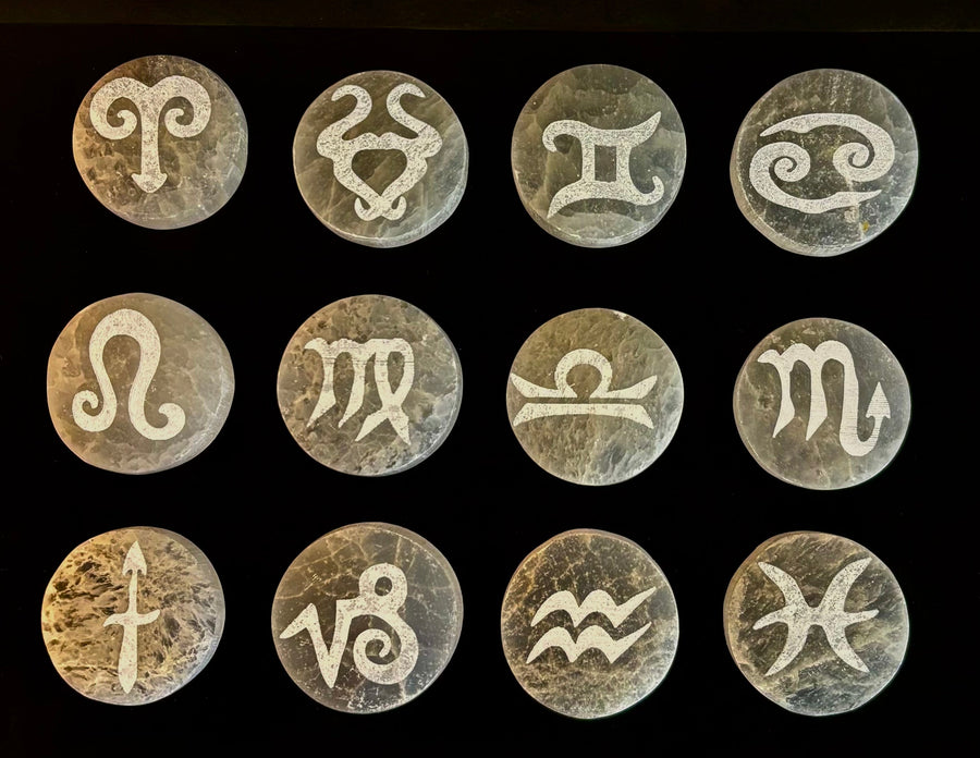 Zodiac Selenite Cleansing Coin – Crystal Cleansing & Astrology Energy Disc