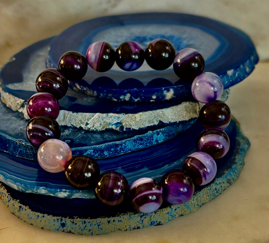 Royal Aura Purple Agate Bracelet – 12mm Reiki-Infused Statement Bracelet (Medium Wrist Fit)