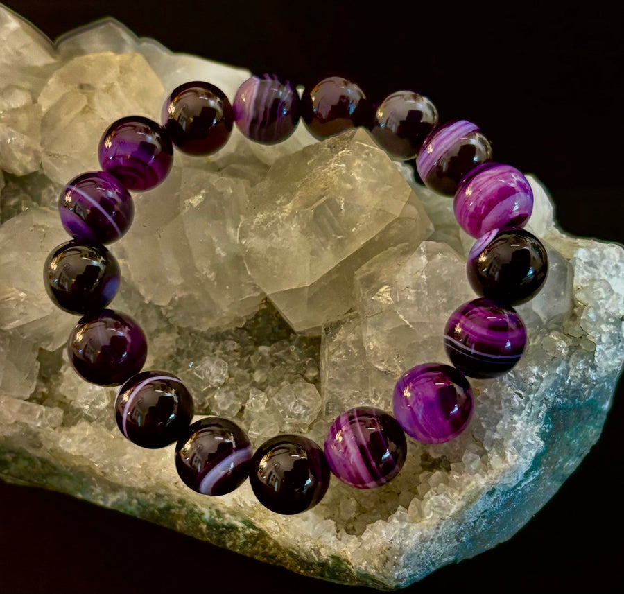 Royal Aura Purple Agate Bracelet – 12mm Reiki-Infused Statement Bracelet (Medium Wrist Fit)