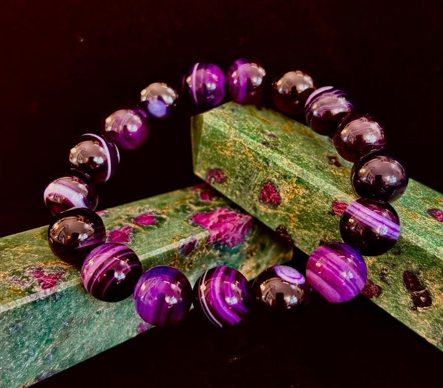 Royal Aura Purple Agate Bracelet – 12mm Reiki-Infused Statement Bracelet (Medium Wrist Fit)