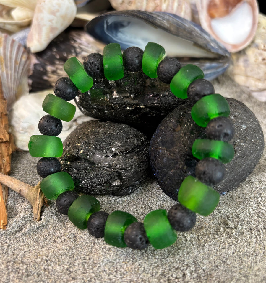 Deep Green Serenity - Recycled Glass & Lava Stone Stretch Bracelet