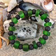 Deep Green Serenity - Recycled Glass & Lava Stone Stretch Bracelet