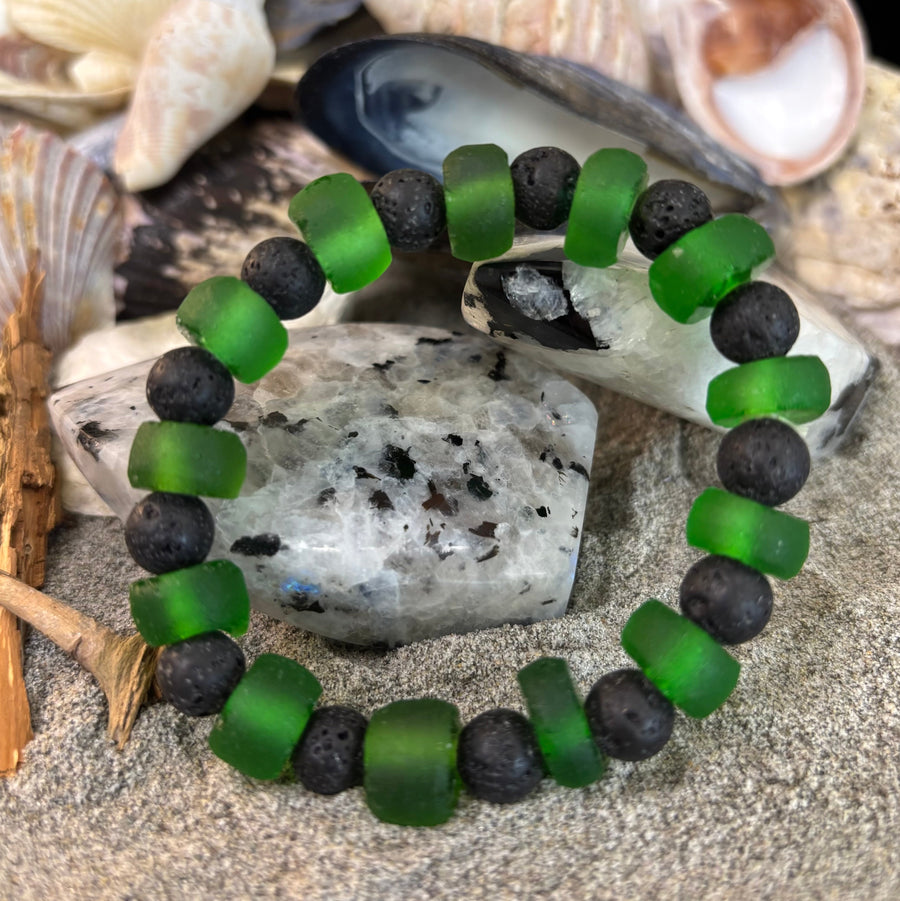 Deep Green Serenity - Recycled Glass & Lava Stone Stretch Bracelet