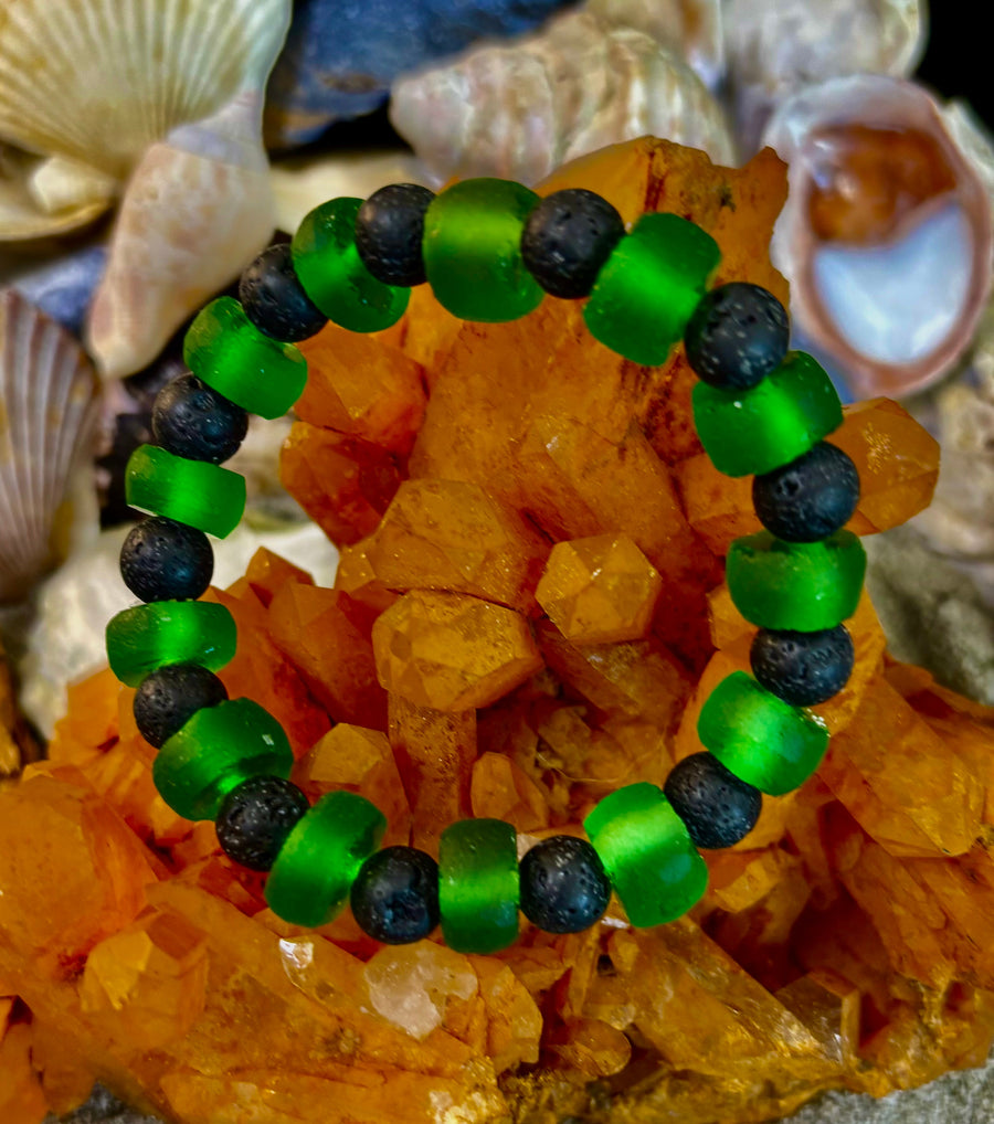 Deep Green Serenity - Recycled Glass & Lava Stone Stretch Bracelet