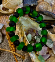 Deep Green Serenity - Recycled Glass & Lava Stone Stretch Bracelet