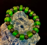 Deep Green Serenity - Recycled Glass & Lava Stone Stretch Bracelet
