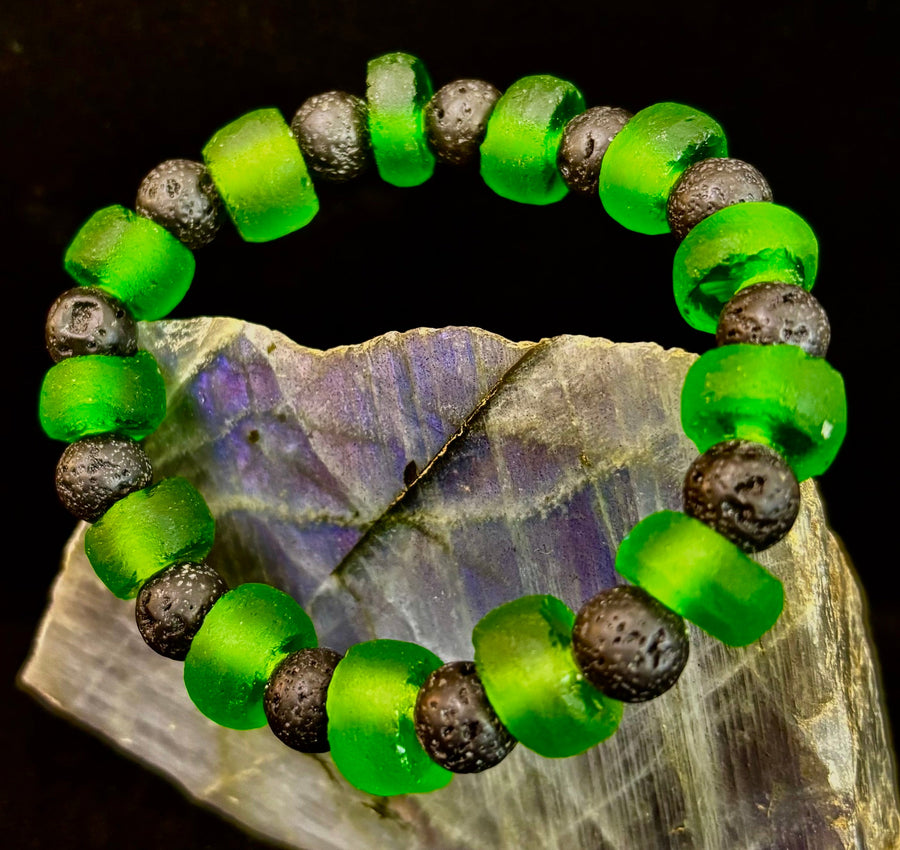 Deep Green Serenity - Recycled Glass & Lava Stone Stretch Bracelet