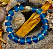 Moonlit Tide Bracelet - African Fused Glass & Freshwater Pearl Stretch Bracelet