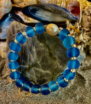Moonlit Tide Bracelet - African Fused Glass & Freshwater Pearl Stretch Bracelet