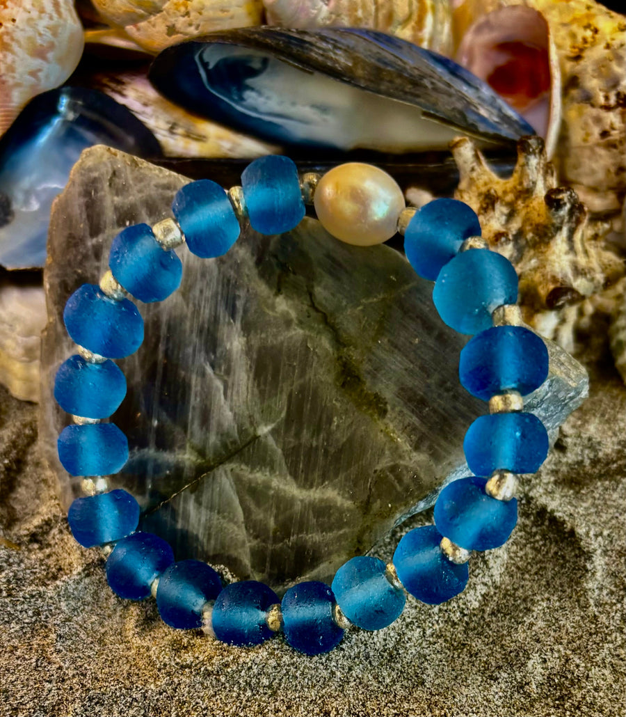 Moonlit Tide Bracelet - African Fused Glass & Freshwater Pearl Stretch Bracelet