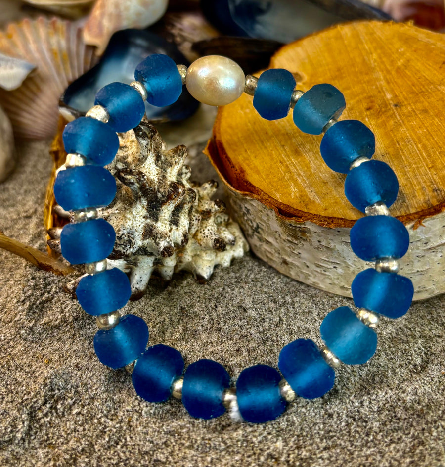 Moonlit Tide Bracelet - African Fused Glass & Freshwater Pearl Stretch Bracelet