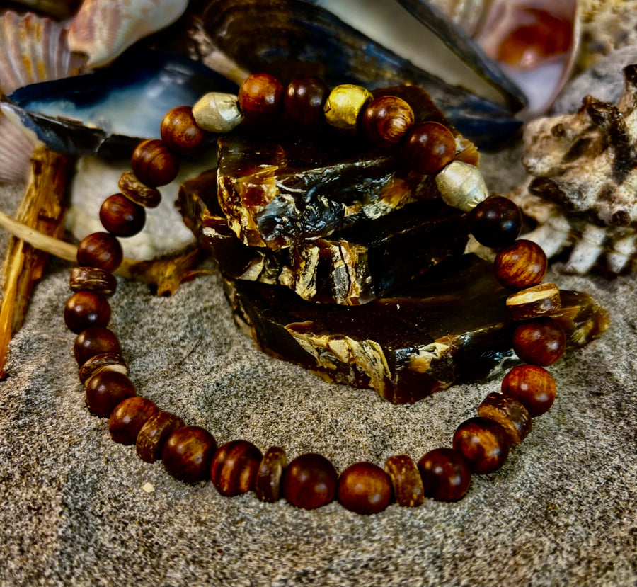 Nomad Spirit Bracelet - Natural Wood, Coconut & Ethiopian Brass Bracelet (8" Large Wrists)