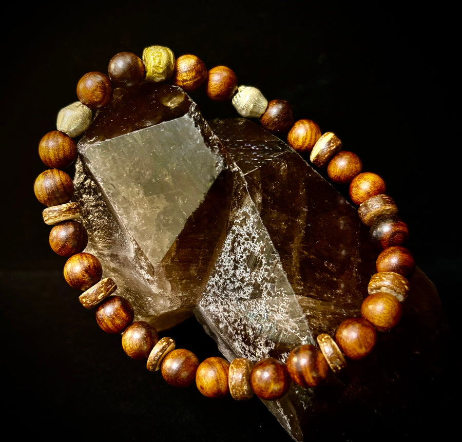 Nomad Spirit Bracelet - Natural Wood, Coconut & Ethiopian Brass Bracelet (8" Large Wrists)