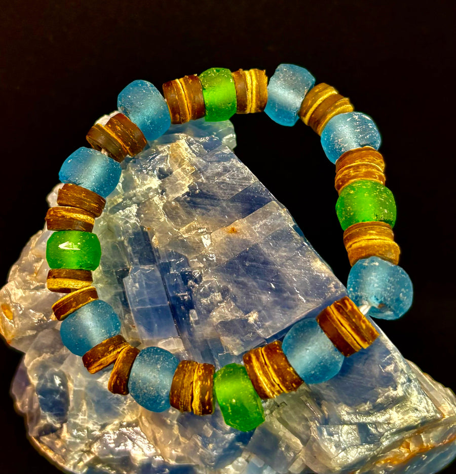 Boardwalk Breeze Bracelet - Recycled Glass & Natural Wood Stretch Bracelet