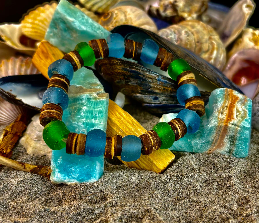 Boardwalk Breeze Bracelet - Recycled Glass & Natural Wood Stretch Bracelet