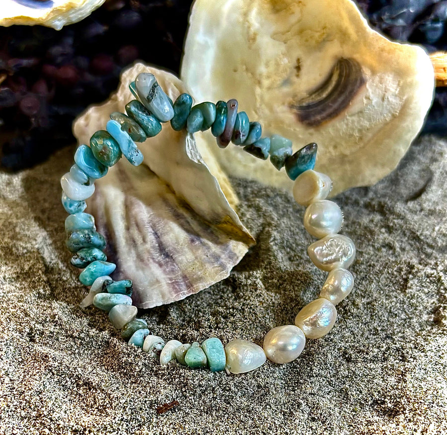 🌊 Mermaid's Treasure Bracelet - Larimar & Cultured Freshwater Pearl Stretch Bracelet