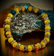 Reiki-Infused Natural Wood & Lava Rock Bracelet with Coconut Shell Spacers for Grounding & Solar Plexus Strength