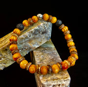Reiki-Infused Natural Wood & Lava Rock Bracelet with Coconut Shell Spacers for Grounding & Solar Plexus Strength