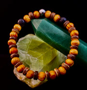 Reiki-Infused Natural Wood & Lava Rock Bracelet with Coconut Shell Spacers for Grounding & Solar Plexus Strength