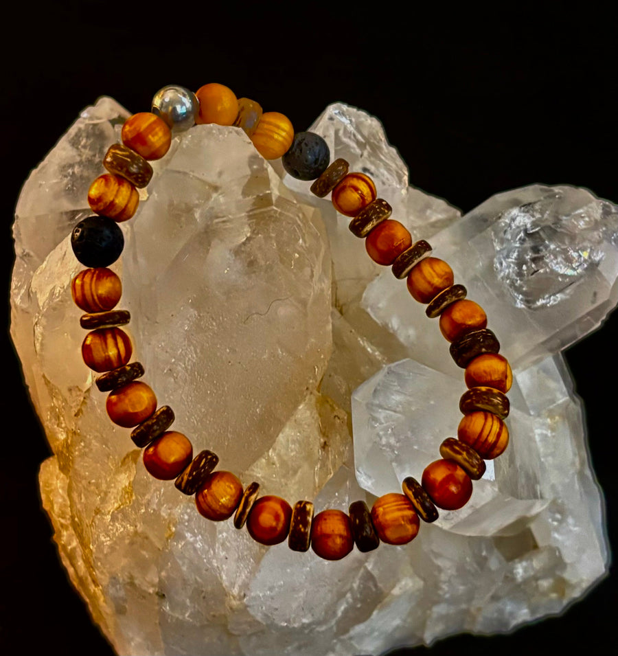Reiki-Infused Natural Wood & Lava Rock Bracelet with Coconut Shell Spacers for Grounding & Solar Plexus Strength