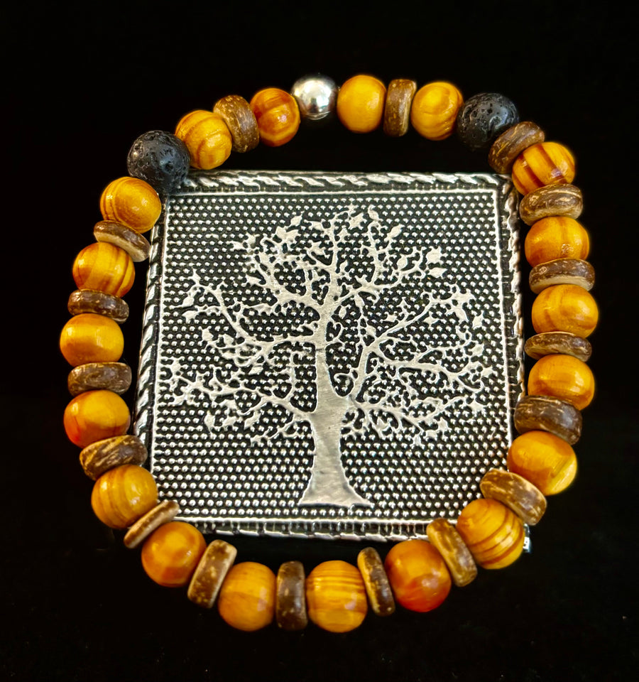 Reiki-Infused Natural Wood & Lava Rock Bracelet with Coconut Shell Spacers for Grounding & Solar Plexus Strength