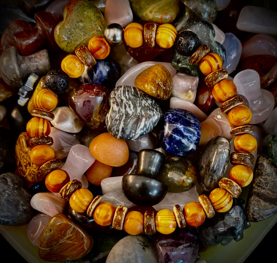 Reiki-Infused Natural Wood & Lava Rock Bracelet with Coconut Shell Spacers for Grounding & Solar Plexus Strength