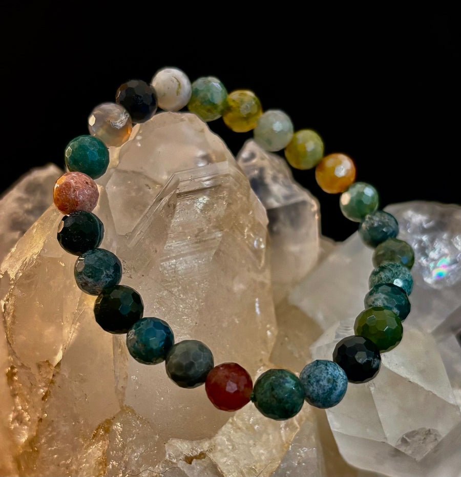 Reiki-Infused Faceted Indian Agate Bracelet for Inner Peace, Grounding & Emotional Harmony (8mm)