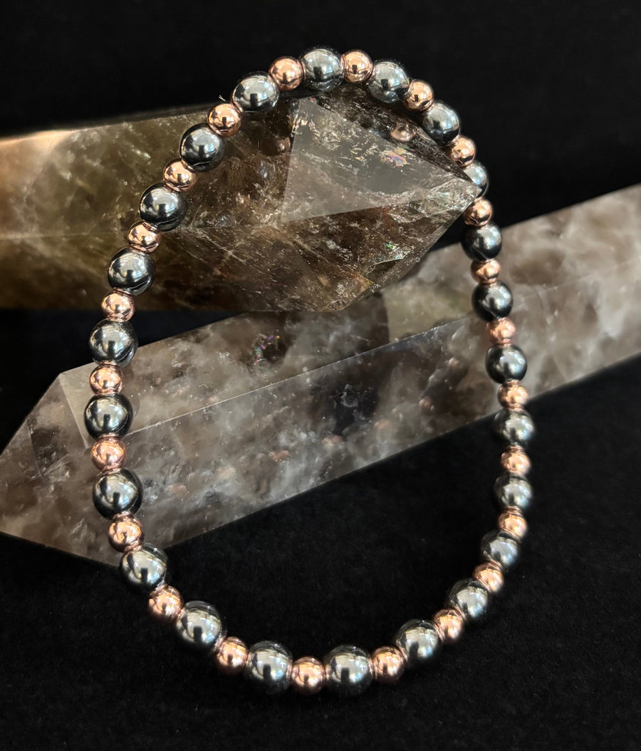 Reiki-Infused Hematite & Copper Conductor Bracelet for Grounding, Vitality & Protection (4mm/3mm, Fits up to 8")