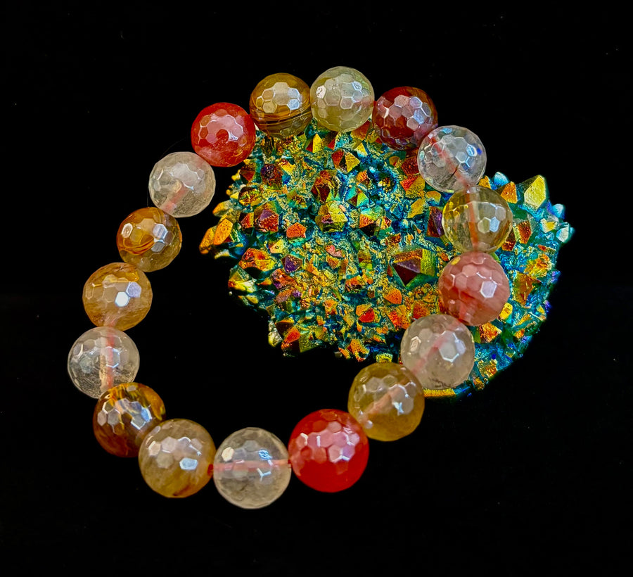 Reiki-Infused Faceted Golden Healer Quartz Bracelet for Divine Light, Manifestation & Solar Plexus Power (12mm)