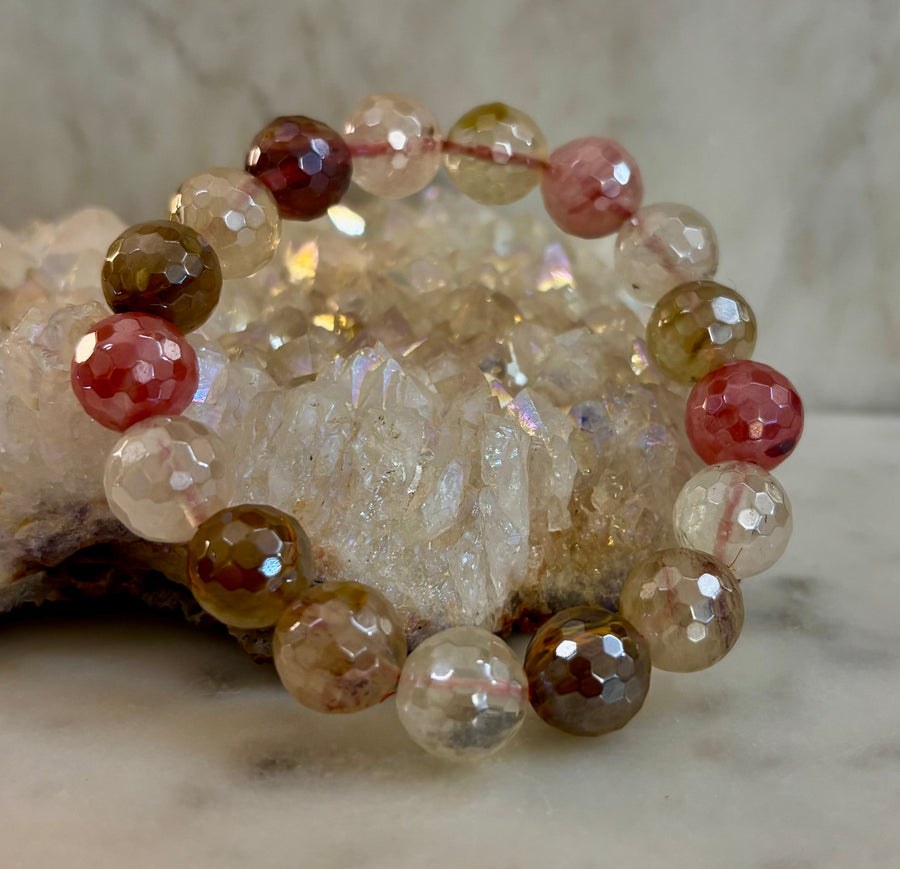 Reiki-Infused Faceted Golden Healer Quartz Bracelet for Divine Light, Manifestation & Solar Plexus Power (12mm)